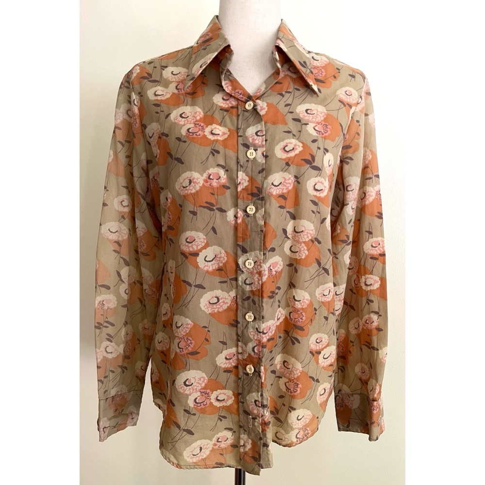Vintage 70s Dagger Collar Floral Orange Pink Button Down Women's Medium